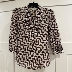 Trina Turk Brown and Off White Geometric Print 3/4 Sleeve Blouse, Size Small